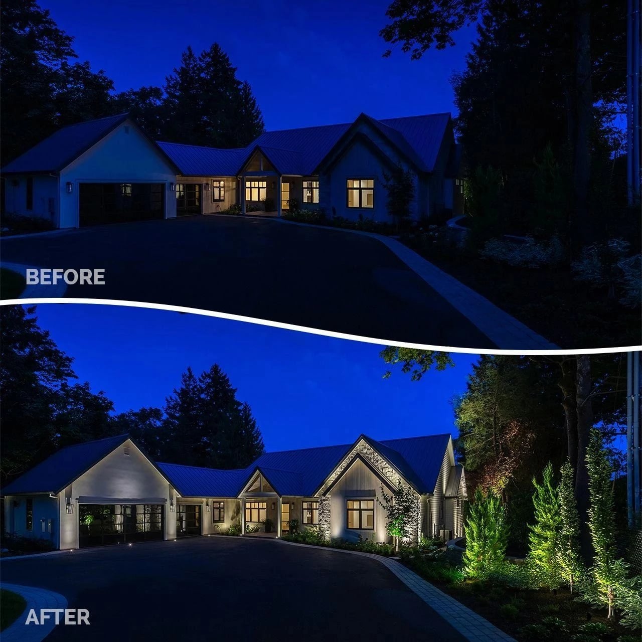 Before and after of a home with landscape and roofline lighting
