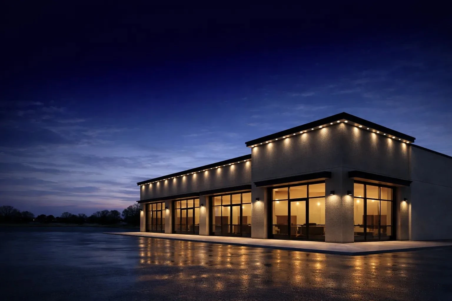 Commercial building with warm roofline lighting at dusk