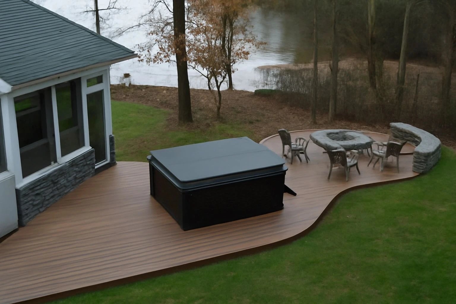 Lakeside deck with a hot tub and fire pit