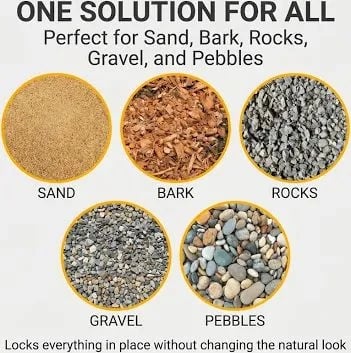 Sand, bark, rocks, gravel, and pebbles that rock and mulch glue works on