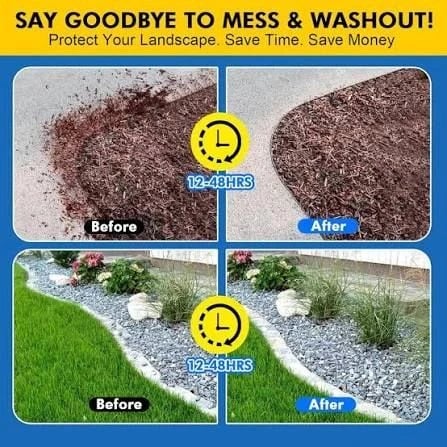 Before and after of mulch and rock beds treated with glue